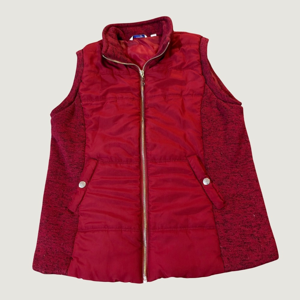 Indigo Puffer Vest Small Mixed Media Quilted Knit Red Sleeveless